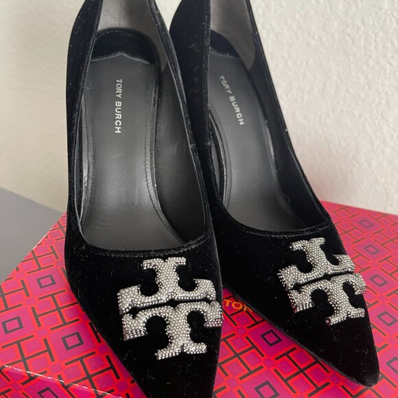NIB Women's Tory Burch Eleanor Pavé Pointed Toe Black Velvet Pumps - Picture 5 of 16